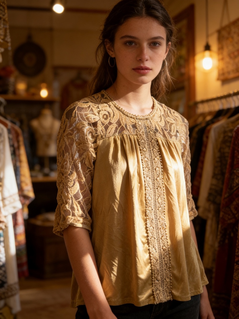 JohnPaulRichard | Women’s Tan Suede & Lace Knit Top with 3/4 Sleeve | S